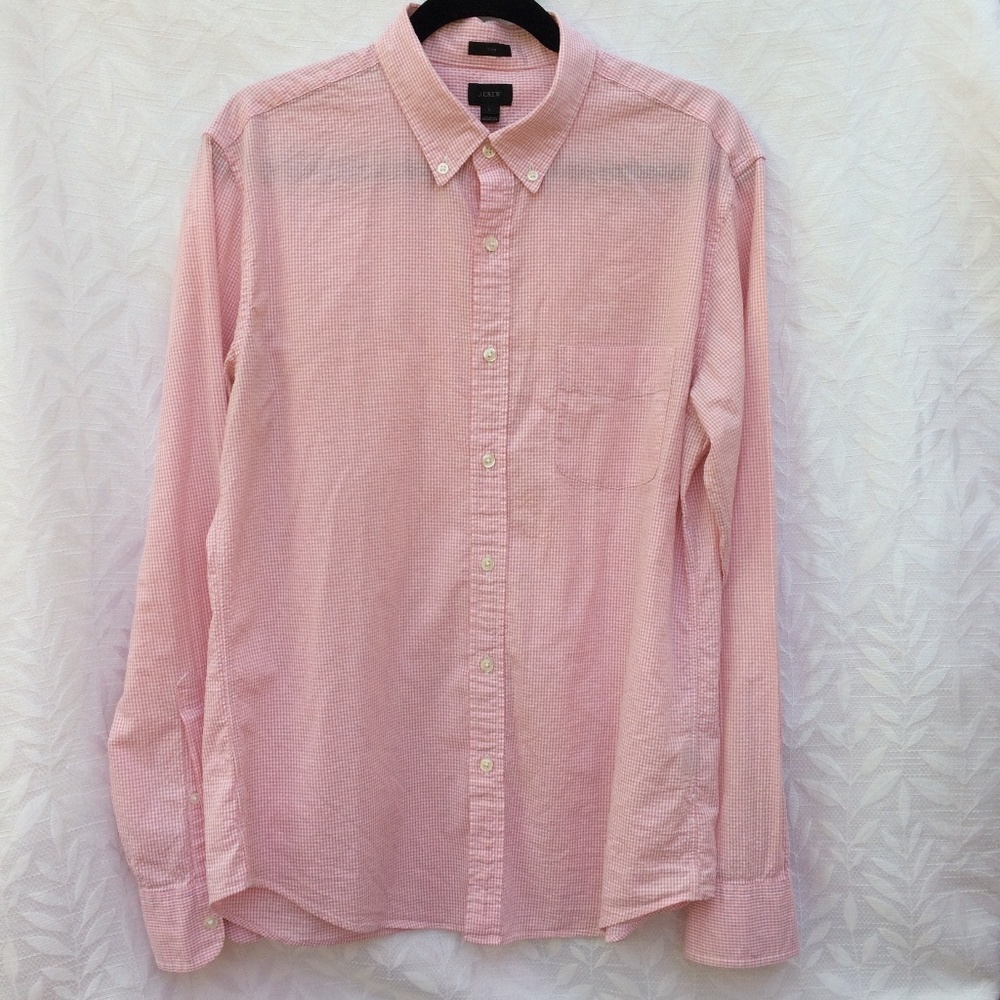 J. Crew Pink Seersucker Gingham Shirt Slim Sz L